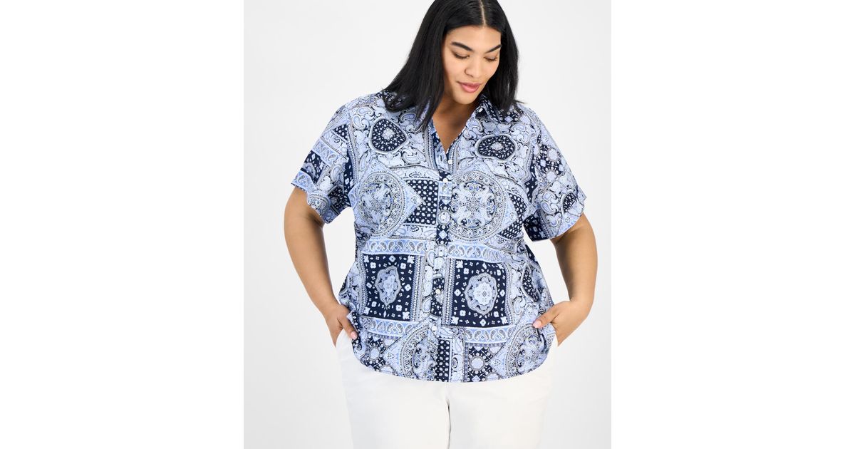 売れ筋商品|||トミー ヒルフィガー カットソー トップス レディース Plus Size Cotton Patchwork-Print Camp Shirt French Blue Multi Tommy Hilfiger Plus Size Cotton Patchwork-Print Camp Shirt
