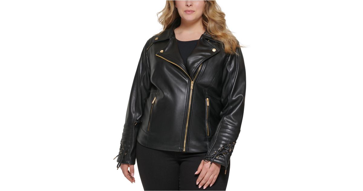 Guess Plus Size Faux-leather Asymmetric Moto Coat in Black | Lyst