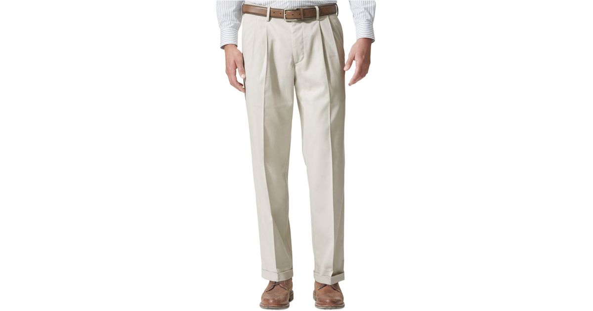 Dockers Cotton Comfort Relaxed Pleated Cuffed Fit Khaki Stretch Pants in Light Gray (Gray) for
