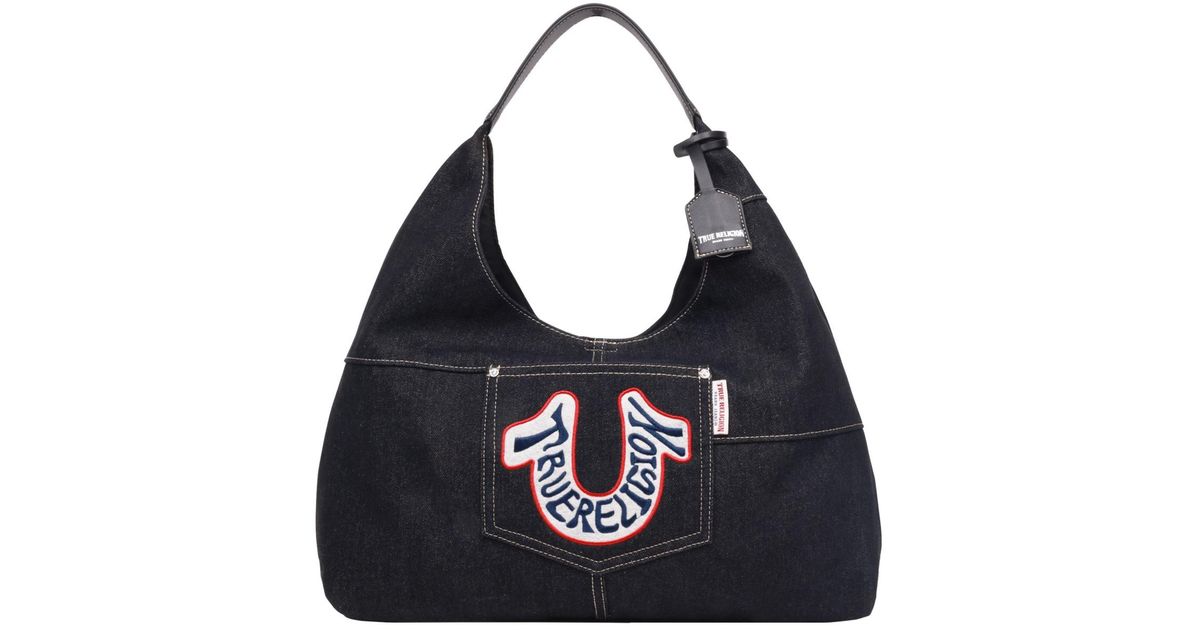 TRUE RELIGION Retro Logo Denim Hobo Bag in Black | Lyst