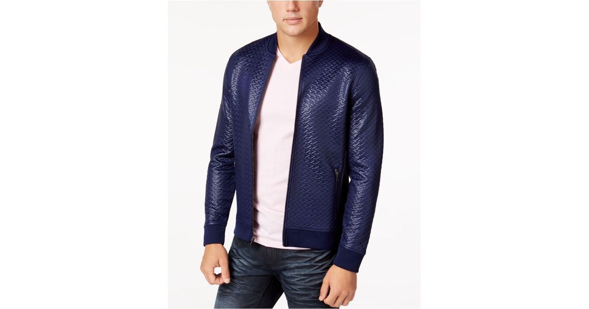 INC International Concepts Men's Basketweave Bomber Jacket in Blue for