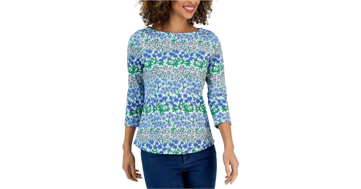 Charter Club Mixed-print Boat-neck 3/4-sleeve Top, Created For Macy's ...