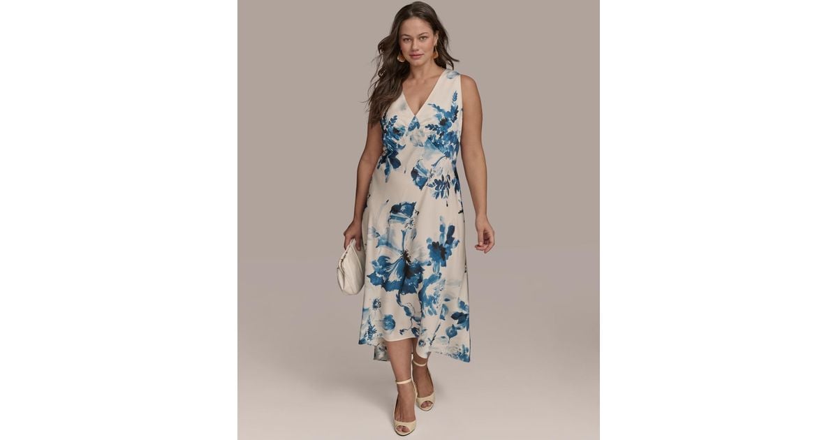 Donna Karan Plus Size V-neck High-low Dress in Blue | Lyst