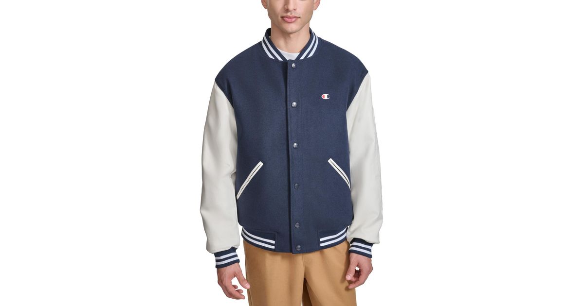 Champion Colorblocked Mixed-media Varsity Jacket in Blue for Men