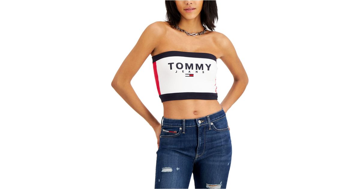 Tommy Jeans bandeau scarf crop top in green gingham