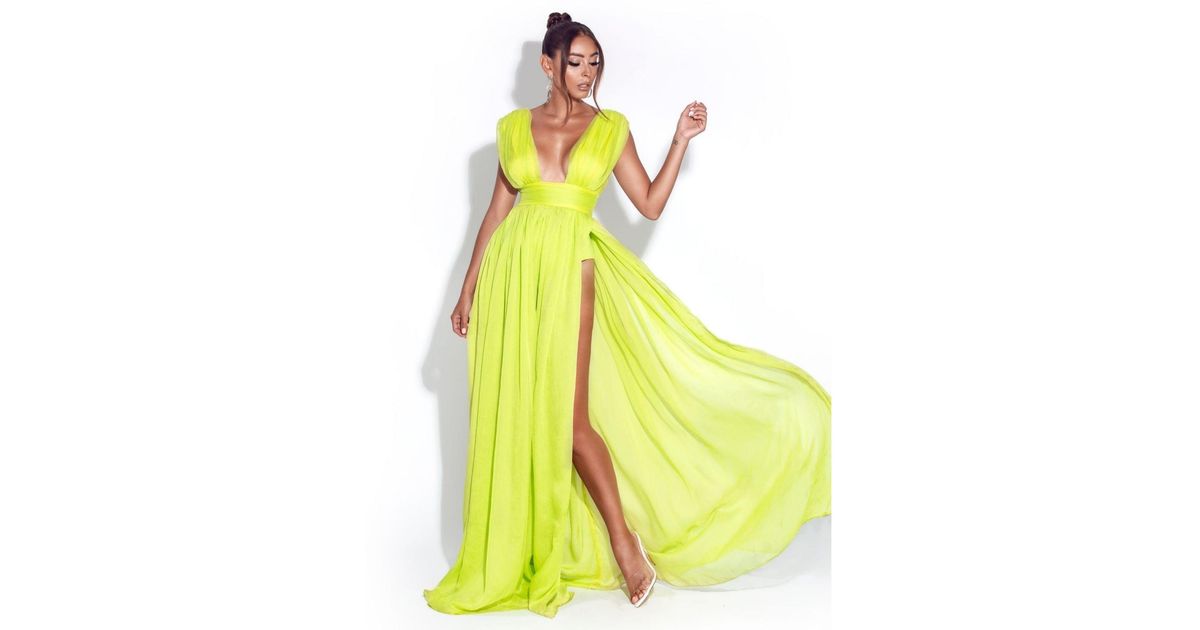 Miss Circle Valley Of Angels Lime Chiffon Pleated High Slit Maxi Dress in  Yellow