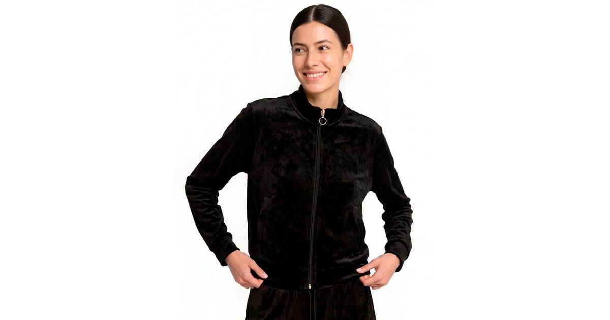 PUMA Ess Elevated Full-zip Velour Stand Collar Jacket in Black | Lyst