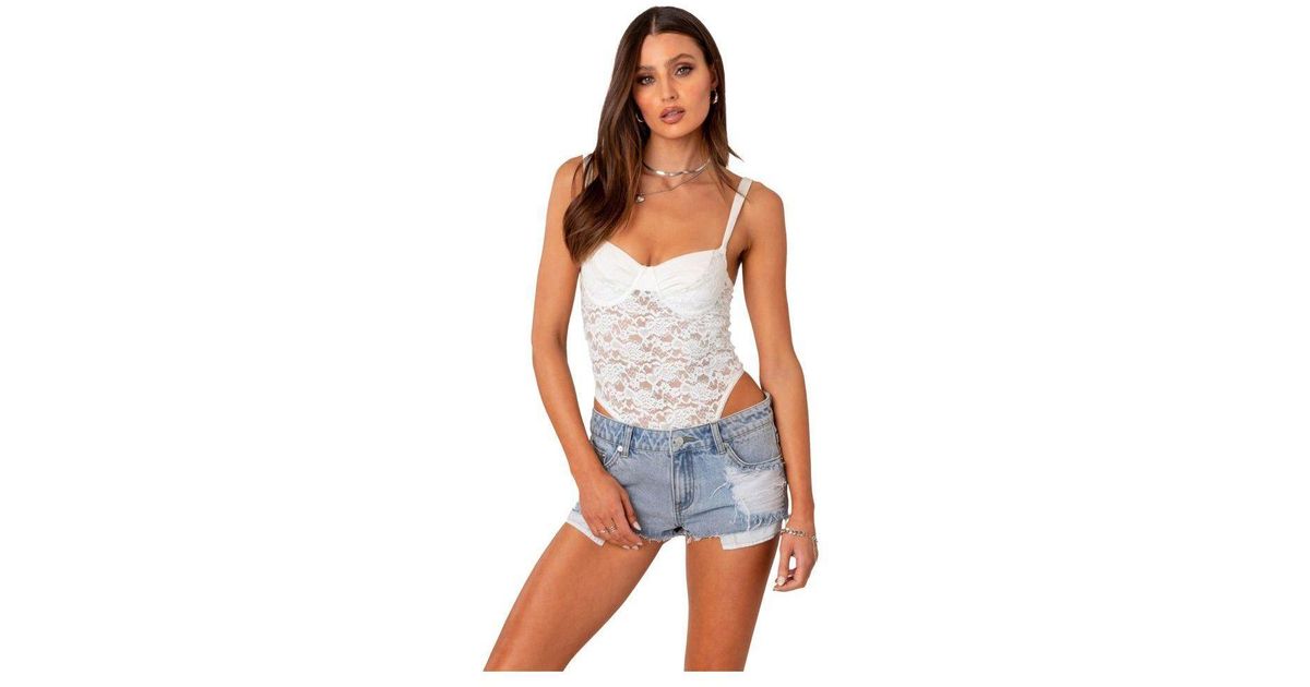 Edikted Lace & Satin Bodysuit With Cups in White | Lyst