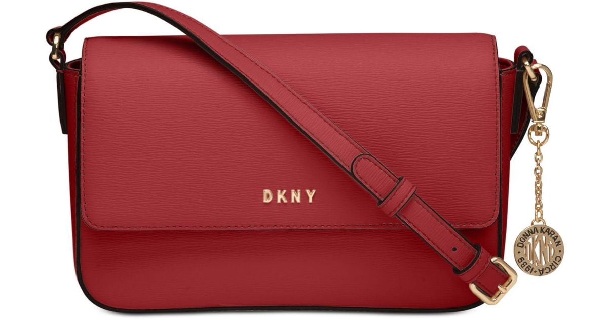 DKNY Leather Bryant Medium Flap Crossbody in Bright Red/Gold (Red