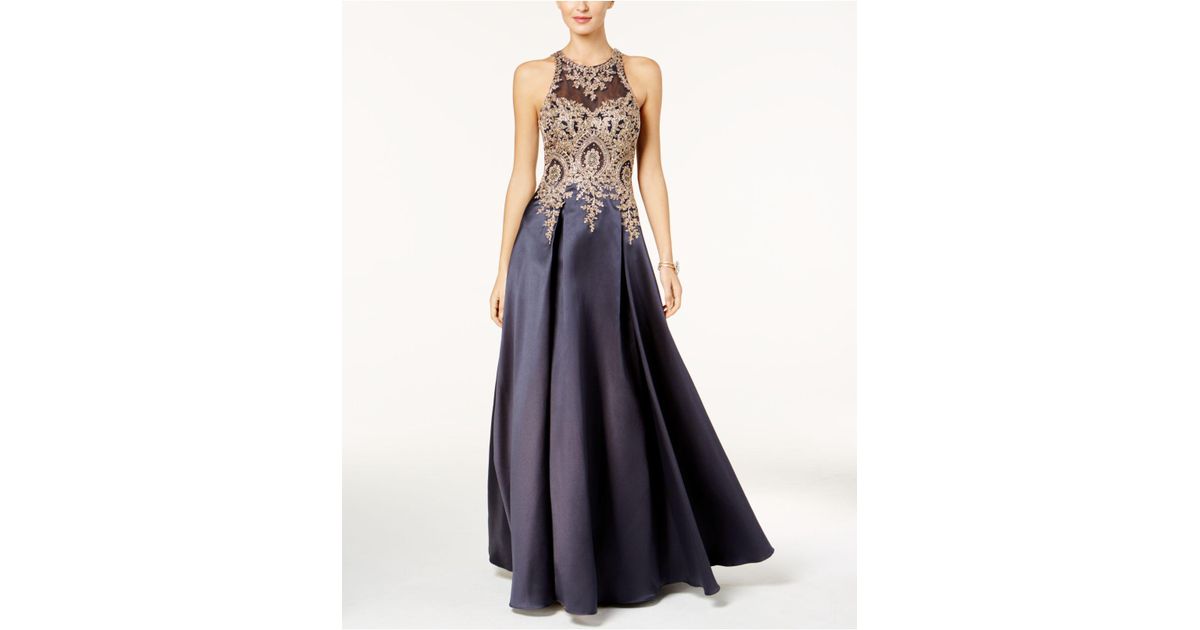 xscape petite embroidered illusion gown