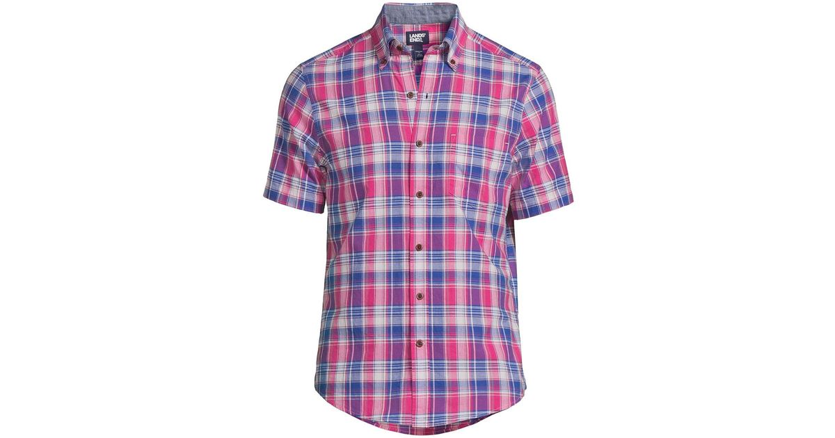 Lands' End Tall Traditional Fit Short Sleeve Madras Shirt in Purple for