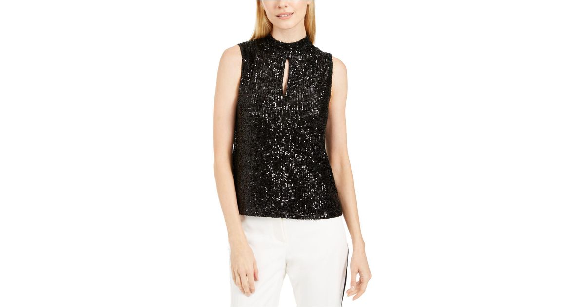 Calvin Klein Synthetic Sequin Mock-neck Keyhole Top in Black - Lyst