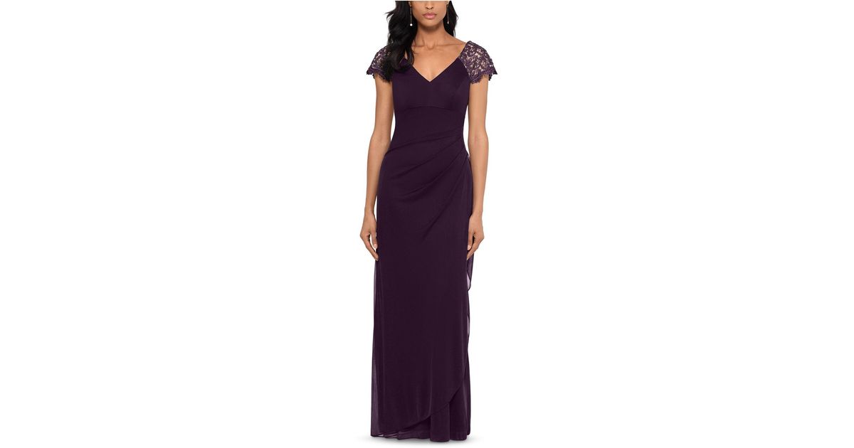 xscape lace sleeve chiffon gown