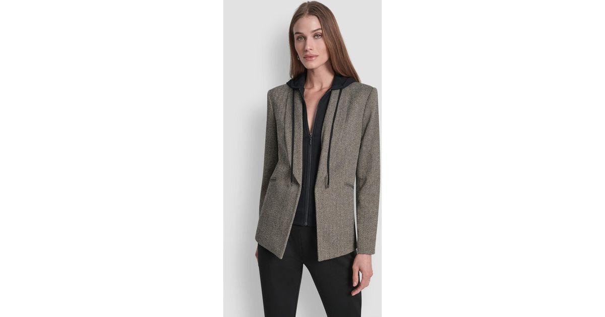 DKNY Petite Herringbone Pattern Fleece Hood Blazer in Gray | Lyst