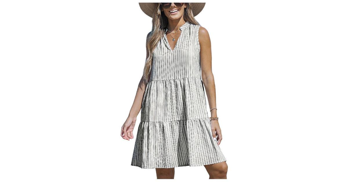 CUPSHE Striped Split Neck Ruffled Mini Dress in White Lyst