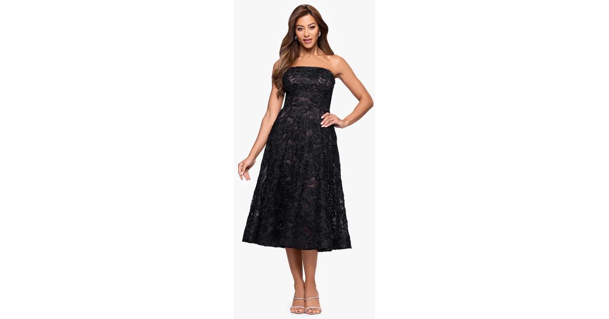 Xscape Strapless Lace Midi Dress in Black