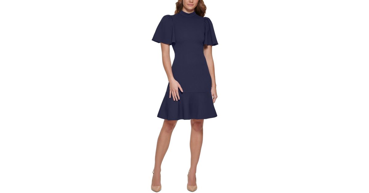 Calvin Klein Mock-neck Flare-sleeve Dress in Blue | Lyst