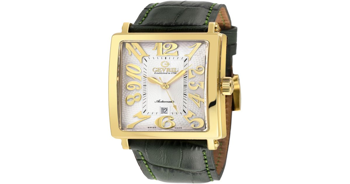Gevril Avenue Of Americas Swiss Automatic Italian Green Leather Strap Watch 44mm in GoldTone
