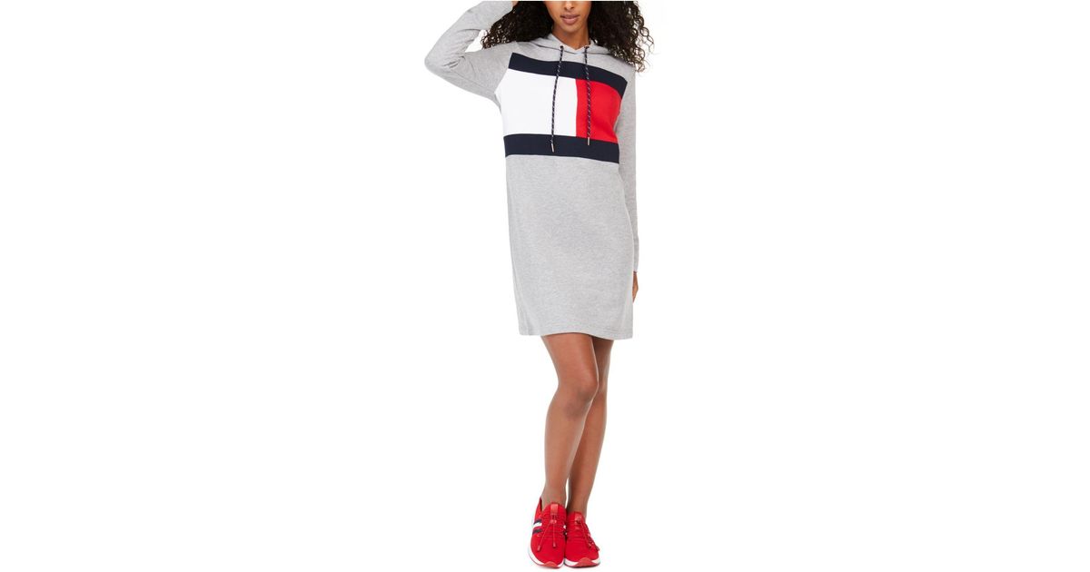 Tommy Hilfiger Cotton Logo Hoodie Sweatshirt Dress in Stone Grey Heather  (Gray) - Lyst