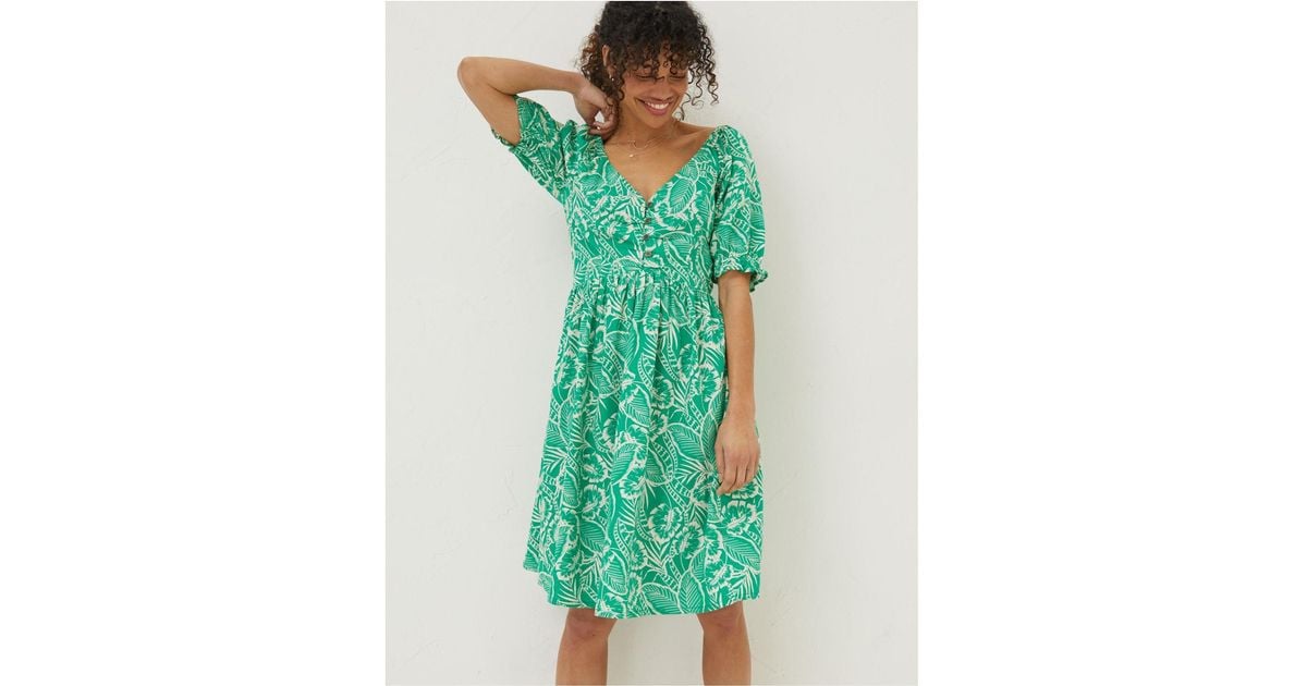 FatFace Aideen Linen Blend Leaf Dress in Green | Lyst