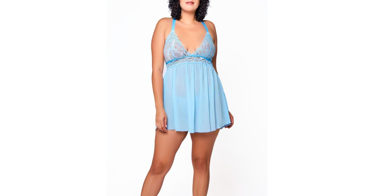 iCollection Natalia Plus Size Lace And Mesh Babydoll Lingerie Set in
