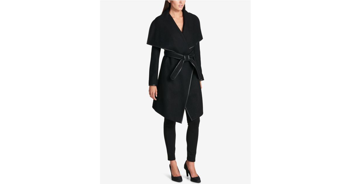 Dkny Black Plus Size Faux Leather Trim Belted Wrap Coat
