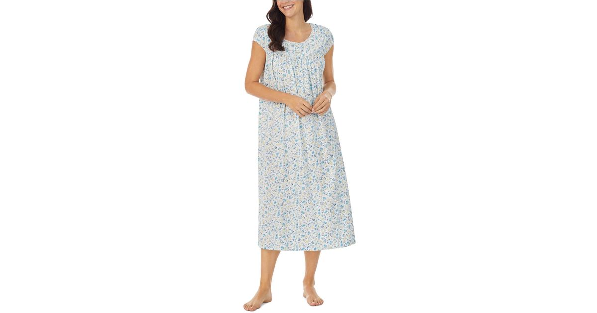 Eileen West Cotton Lace-trim Cap-sleeve Nightgown in Blue | Lyst