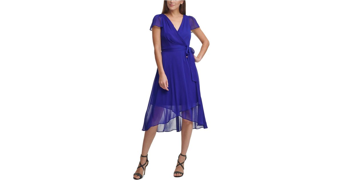 DKNY Ruffled Flutter-sleeve Faux-wrap Dress in Blue | Lyst
