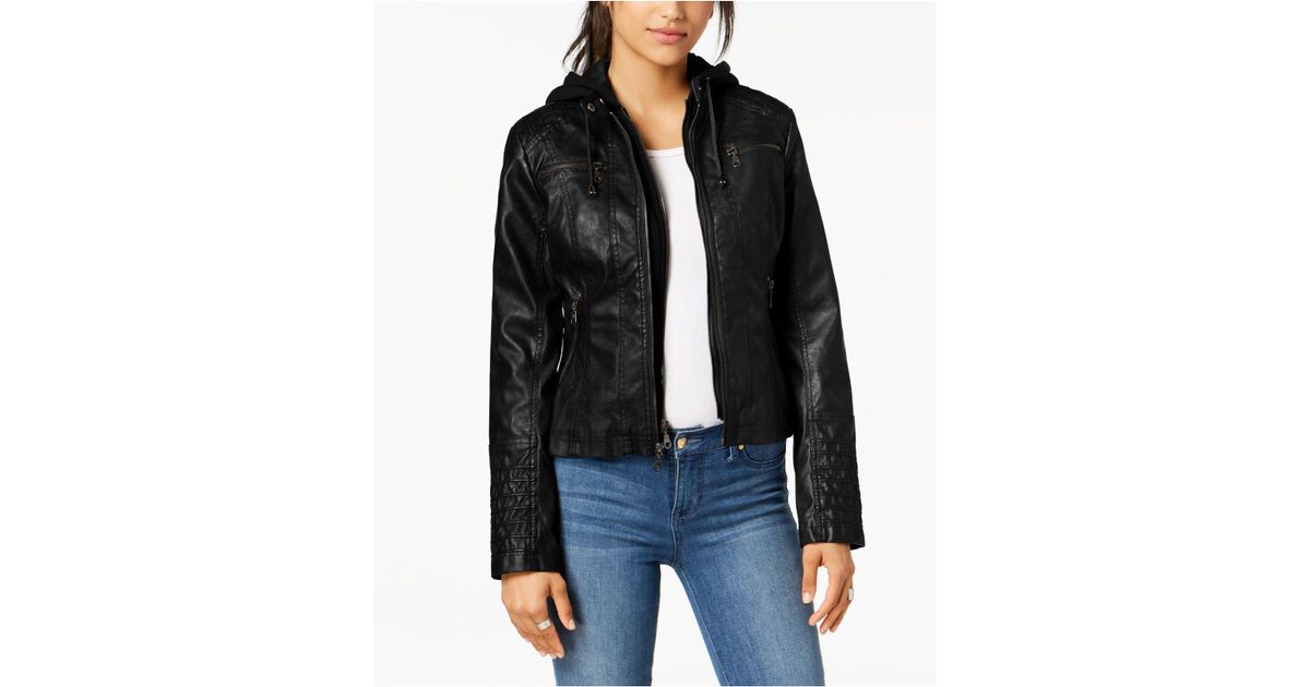 Maralyn Me Black Juniors Hooded Faux Leather Moto Jacket