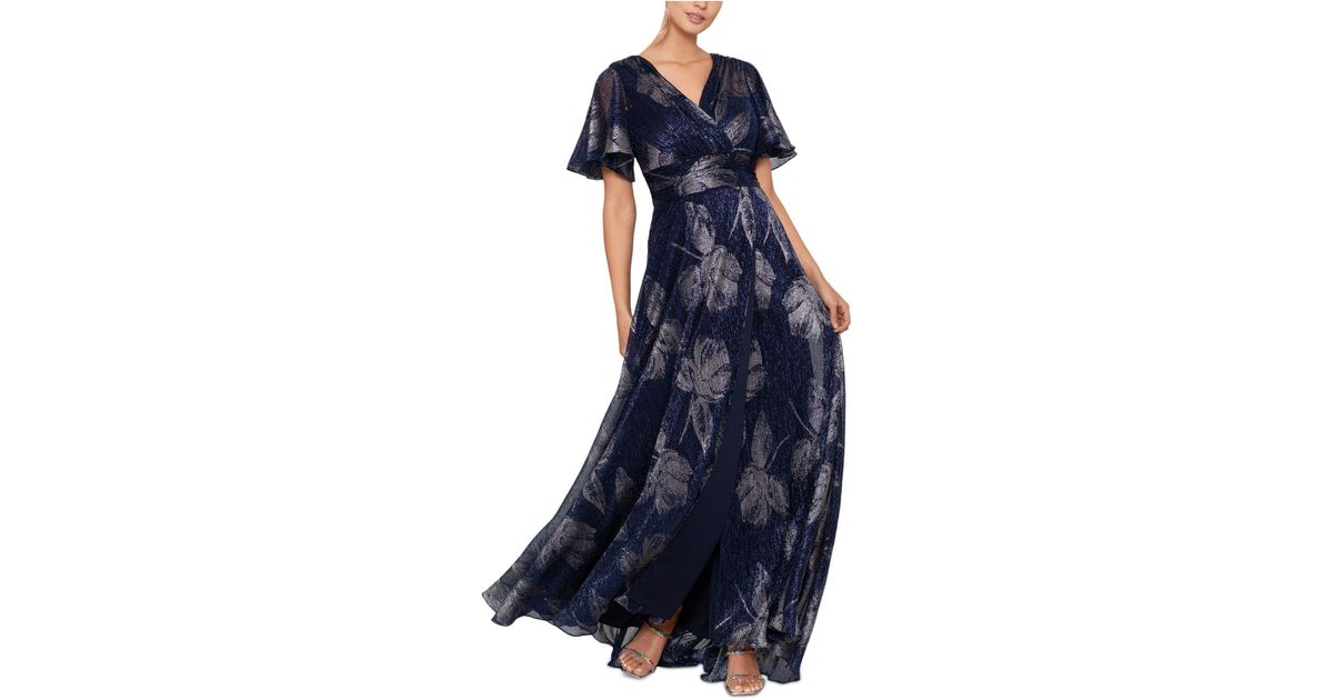 Betsy & Adam Synthetic Crinkled Flutter-sleeve Gown in Blue | Lyst