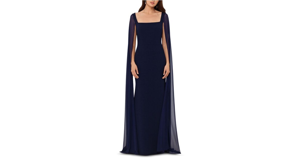 betsy and adam chiffon cape gown