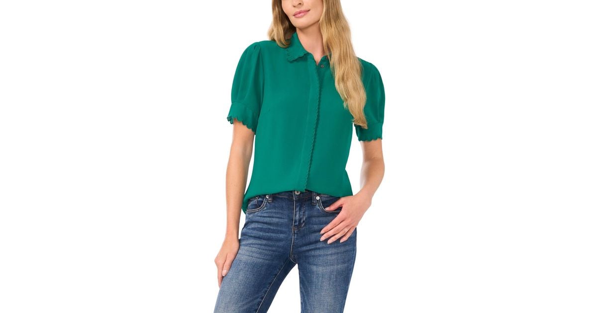 売れ筋商品|||セセ カットソー トップス レディース Women's Scalloped Puff-Sleeve Button-Front Blouse New Ivory CeCe Women's Long Sleeve Scalloped Button-Down Blouse, New