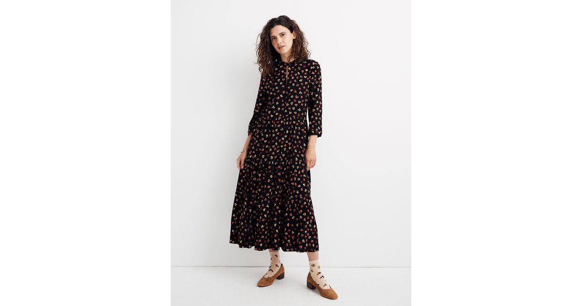 Madewell Petite Button-front Tier Midi Dress In Feline Floral in Black | Lyst UK