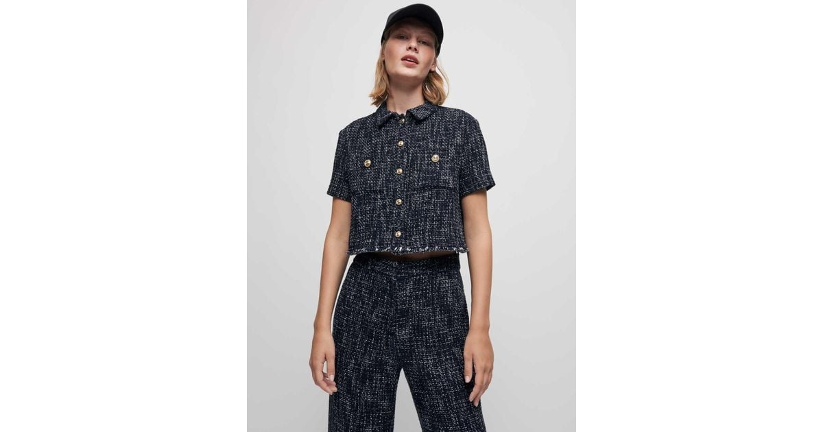 Maje Tweed-style Cropped Shirt in Navy (Blue) - Lyst