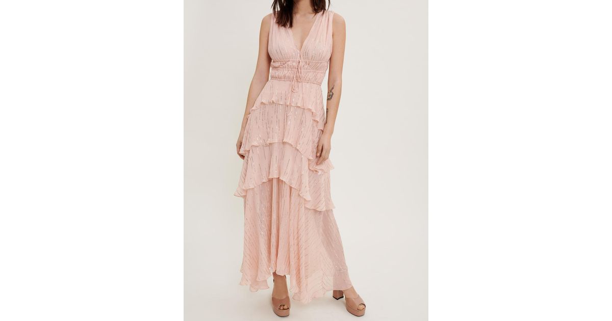 Maje Silk And Lam Ruffle Dress in Pink | Lyst UK