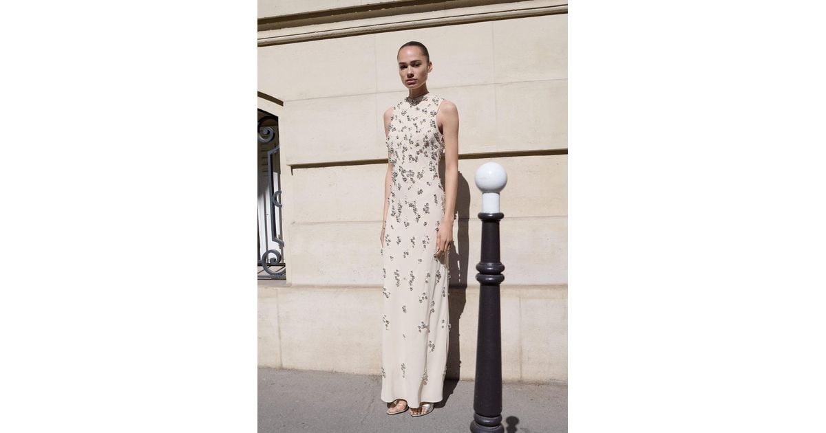 Mango Long Dress With Embroidered Spheres in Natural | Lyst