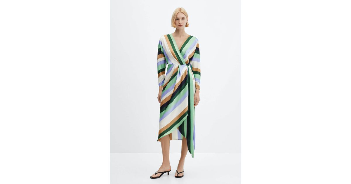 mango green striped dress Satin in Knit fabric