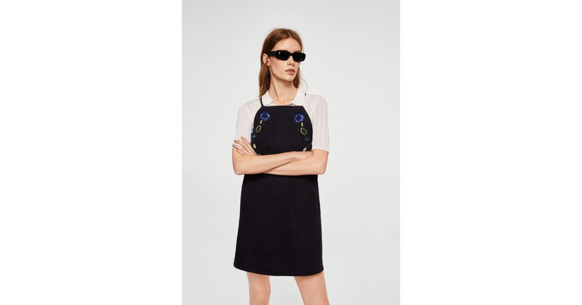 embroidered denim pinafore dress