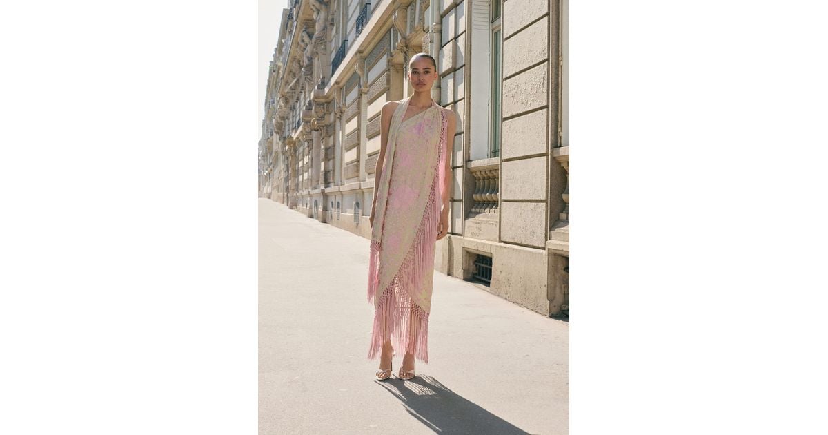 asymmetrical dress with embroidered fringes Asymmetrical dress with embroidered fringes - Women