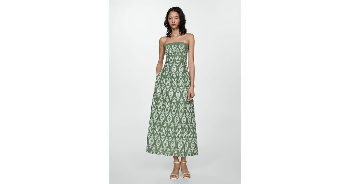 Mango Strapless Embroidered Dress in Green | Lyst UK