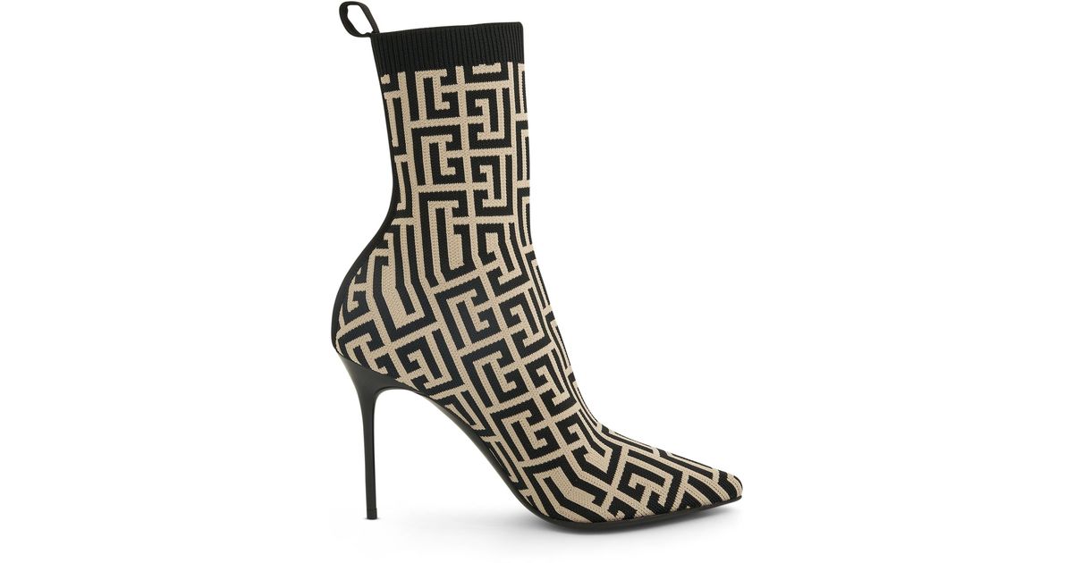 Balmain Skye Monogram Knit Ankle Boot In Ivory/black | Lyst
