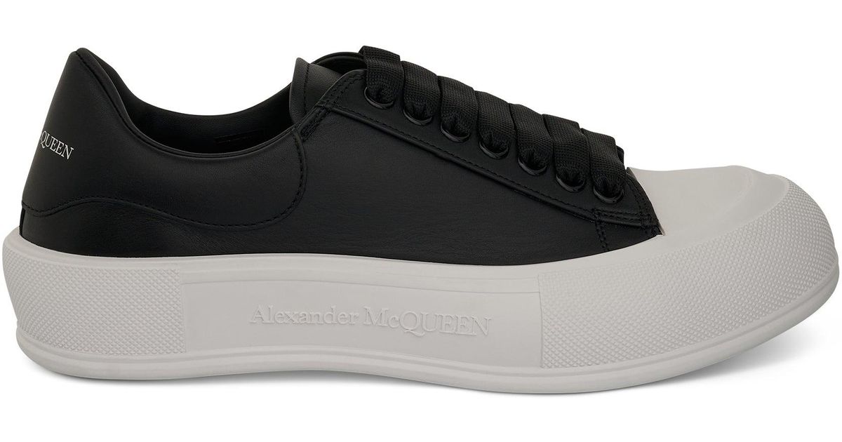 men's deck lace up plimsoll in black white