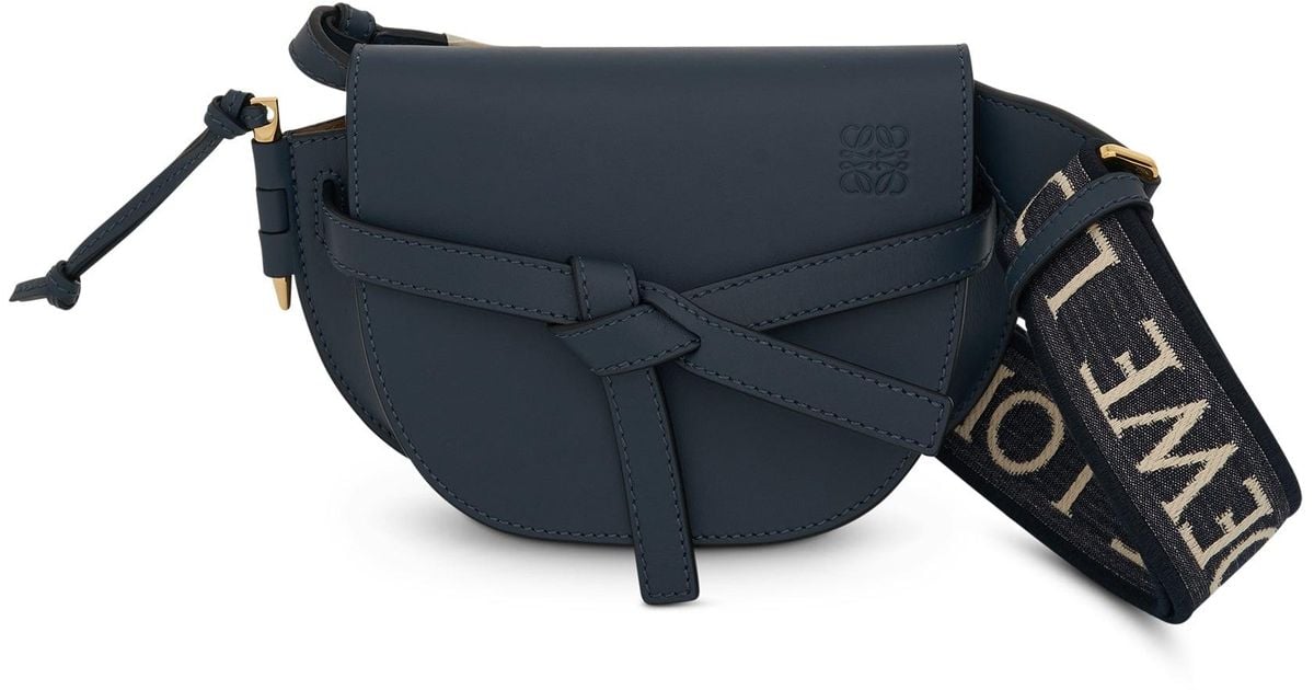Loewe Mini Gate Dual Bag In Soft Calfskin And Jacquard Strap In Onyx