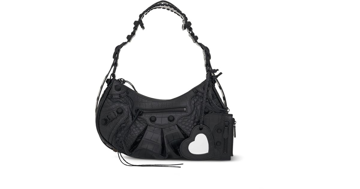 Balenciaga Leather Le Cagole Embossed Croco Shoulder Bag Small In Black