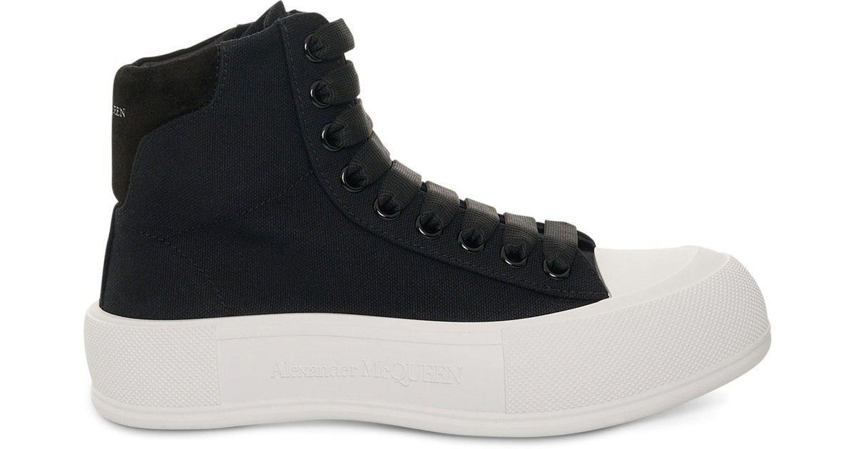 men's deck lace up plimsoll in black white