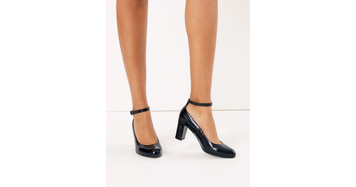 Marks & Spencer Leather Ankle Strap Court Shoes in Black Patent (Black
