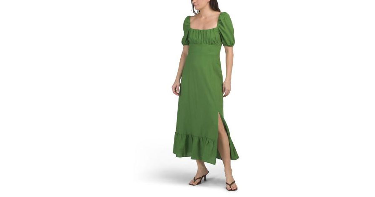green dress marshalls Linen Blend Puff Sleeve Square Neck Empire Smocked Back Midi For in estate gold watch