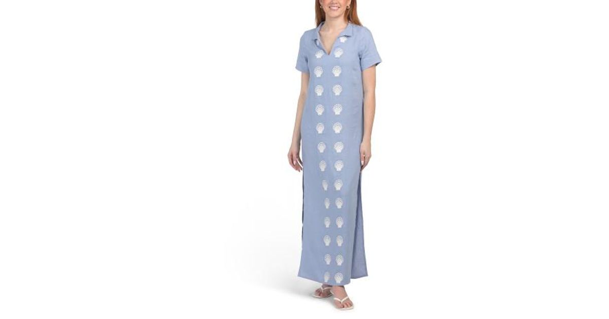 Marshalls Linen Blend Embroidered Shell Short Sleeve Maxi Caftan Dress For  in Blue | Lyst