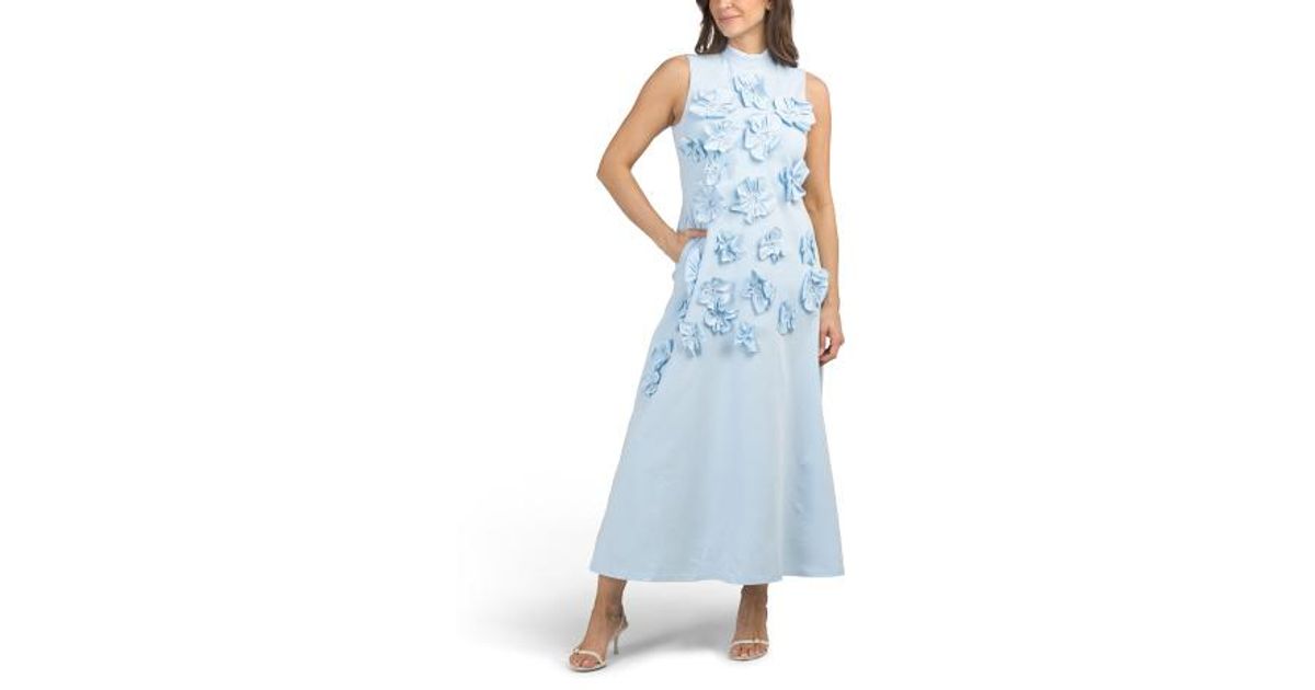marshalls blue and white dress Sleeveless Mock Neck 3D Floral Maxi For in Cape Option:No Cape