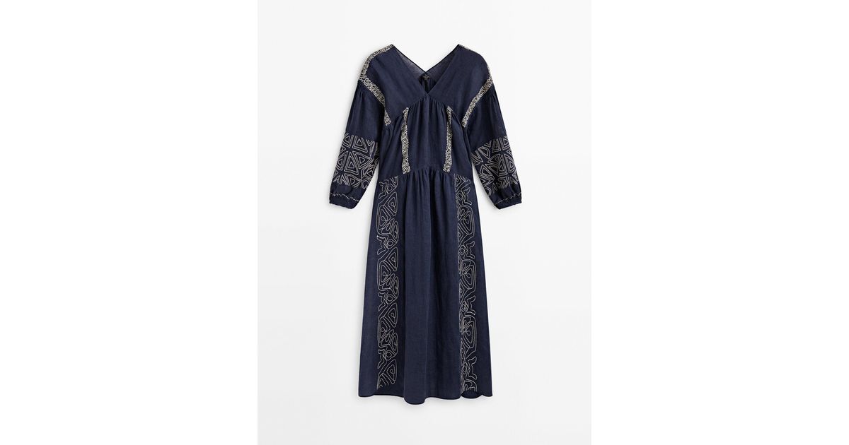 MASSIMO DUTTI Linen Blend Midi Dress With Embroidery Detail in Blue Lyst